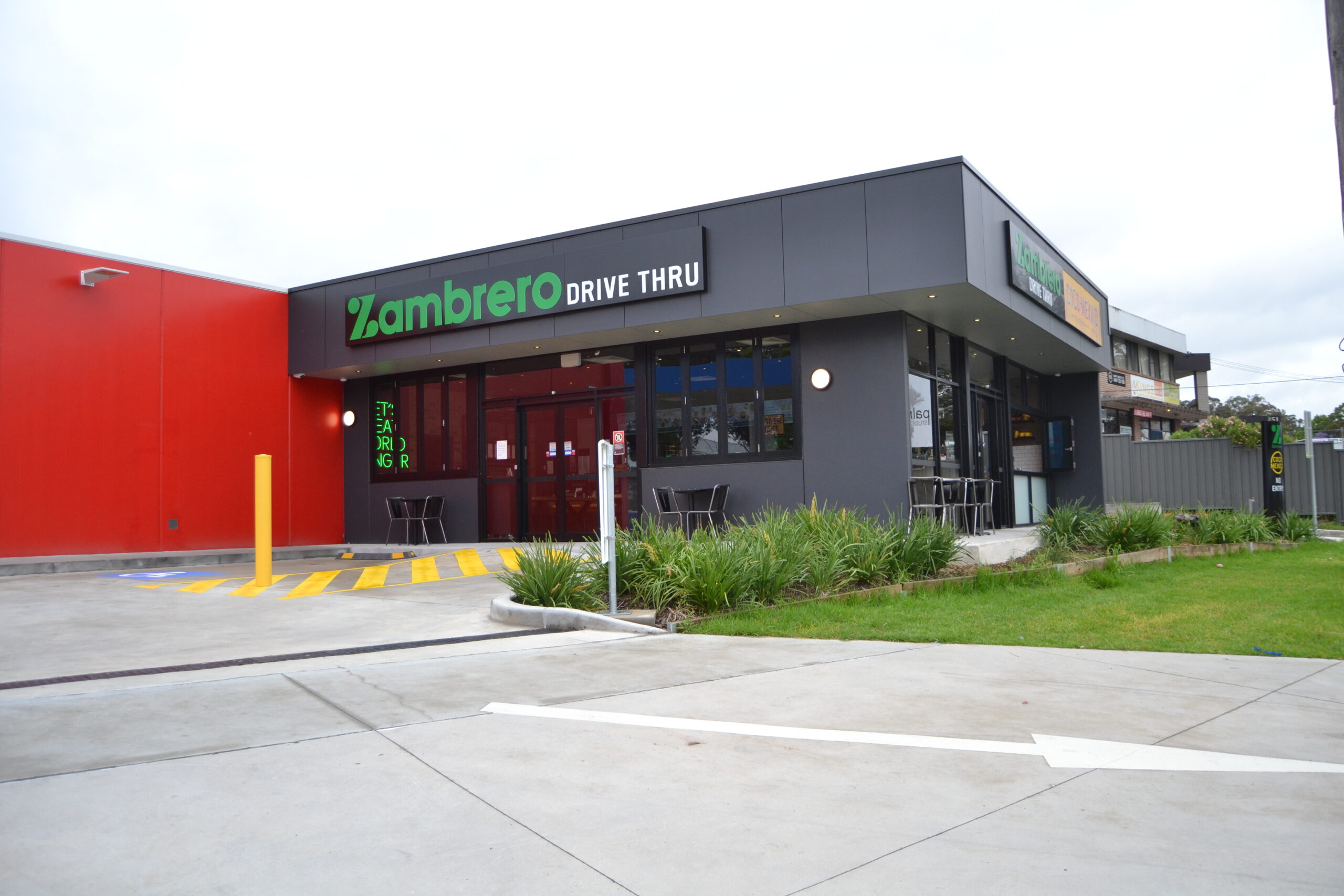 ABACORP commercial interior fit-out at Zambrero Campbelltown, Sydney, showcasing modern restaurant design.